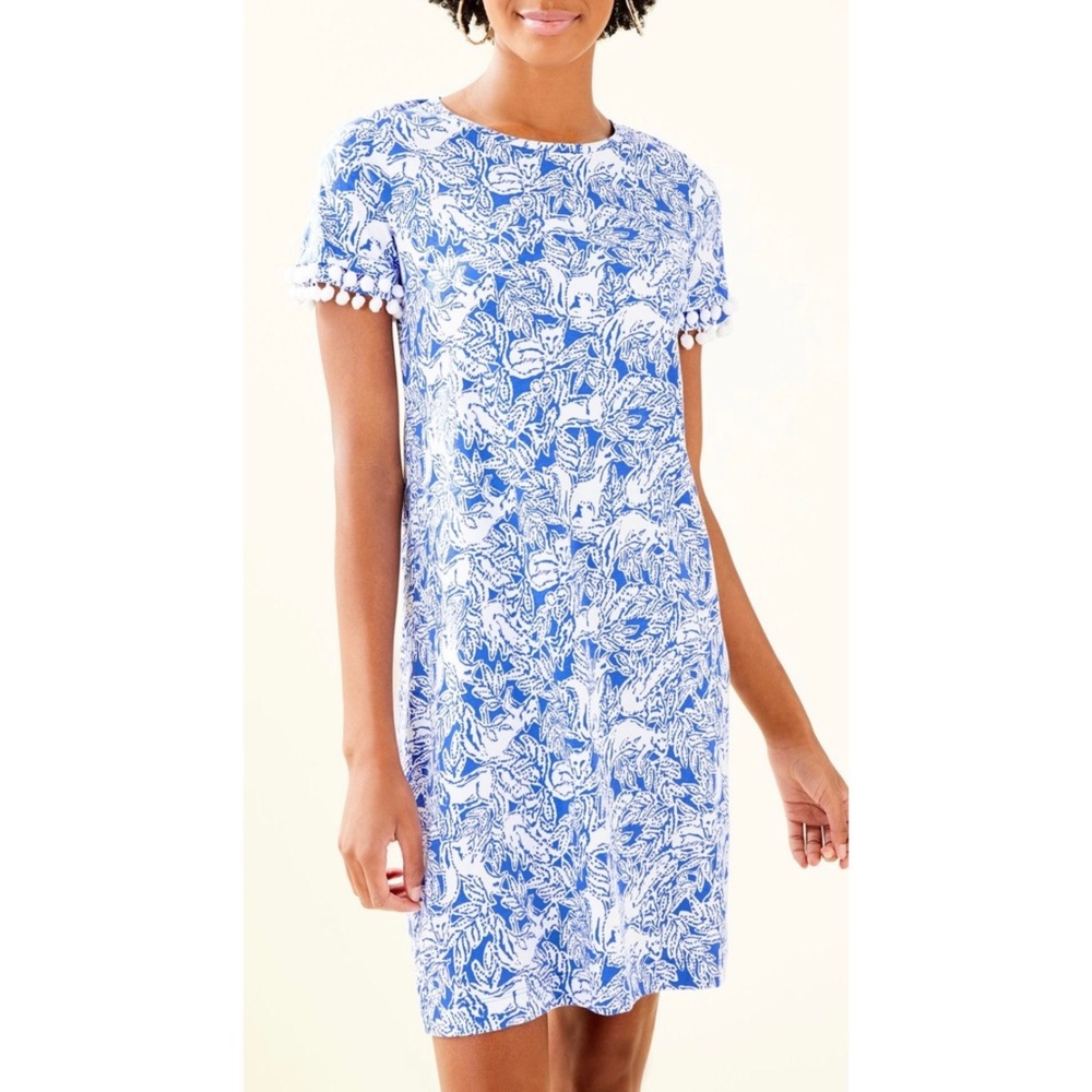 Lilly Pulitzer Lissie Coastal Fancy Blue/White Print  Pom Poms  Dress Sz S EUC